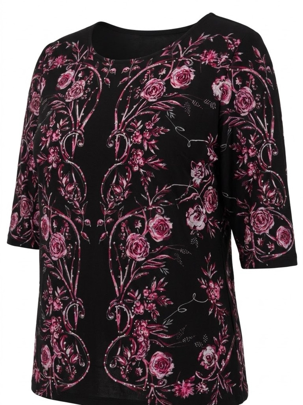Black Floral Long-Sleeve Blouse with Pink Rose Design and Silver embellishments